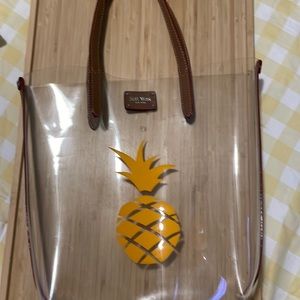Clear tote bag with yellow pineapple , leather trim